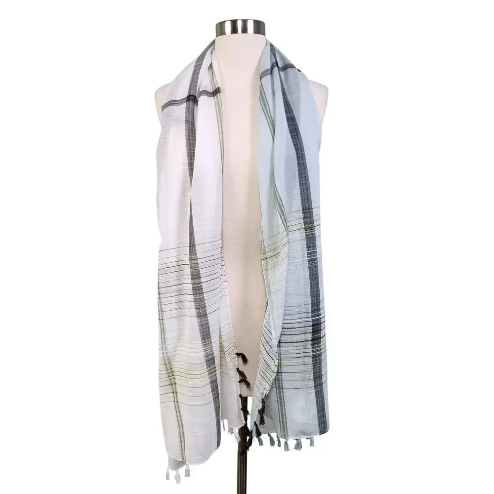 J Jill Womens Plaid Scarf One Size‎ Green White Blanket Semi Sheer Tassels Boho